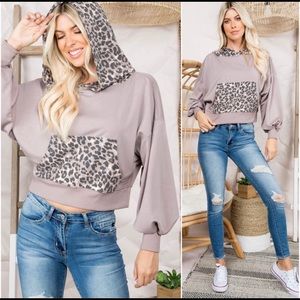 New! Soft Mocha contrast Leopard Print Hoodie & Kangaroo Pocket French Terry